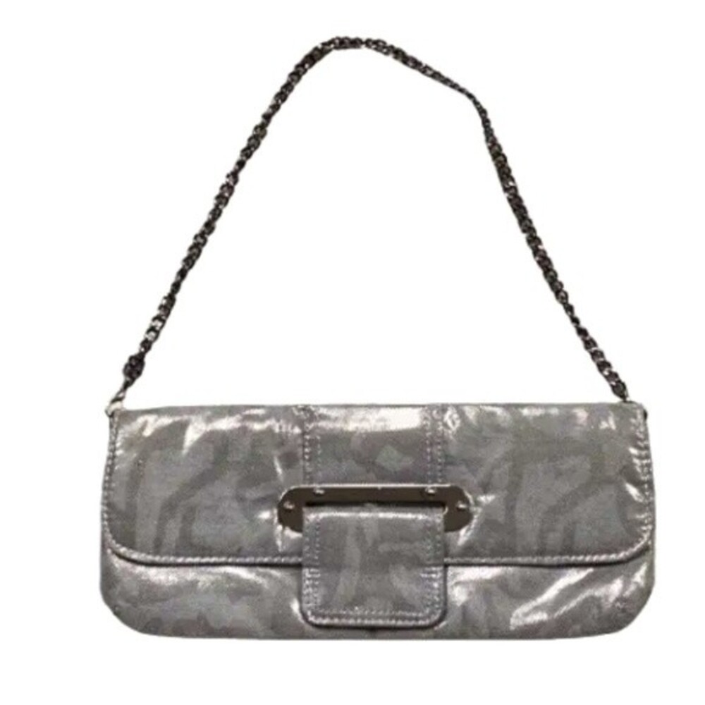 SR Squared Sondra Roberts  Small Shoulder Bag Clutch Gray Silver Metallic ,chain
